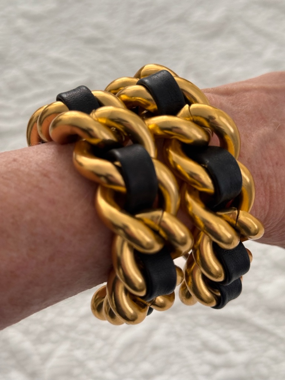 Vintage Signed Erwin Pearl Gold & Black Leather Chain Bracelets